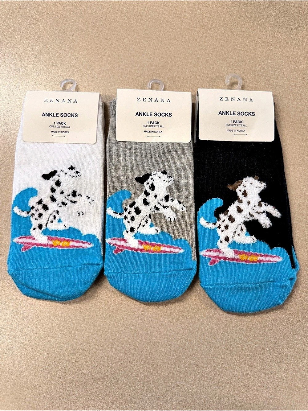 ZENANA Surfing Dalmatian Ankle Socks Set of 3 Blue & White